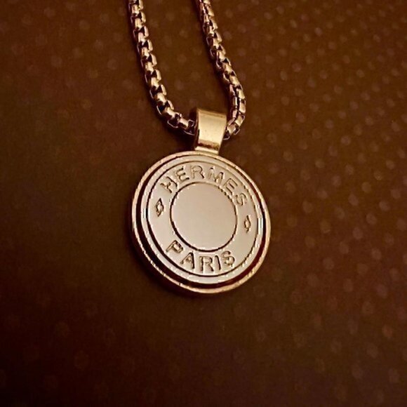 Upcycled Jewelry - Vintage Hermes Button Upcycled Pendant on Choker Chain Necklace